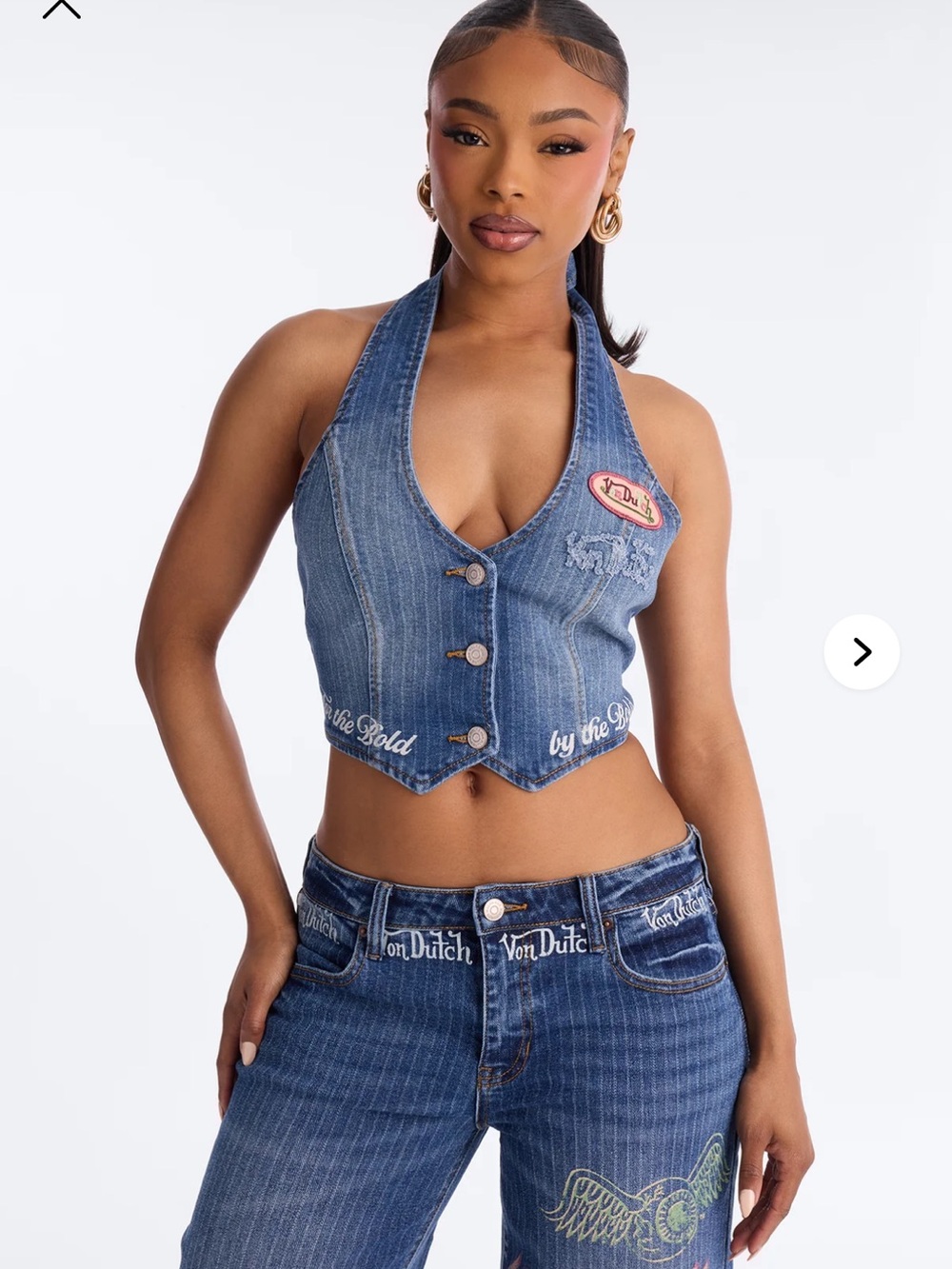 NWT Von Dutch Denim Halter Vest Y2K Tie Back Embroidered Logo For the bold large